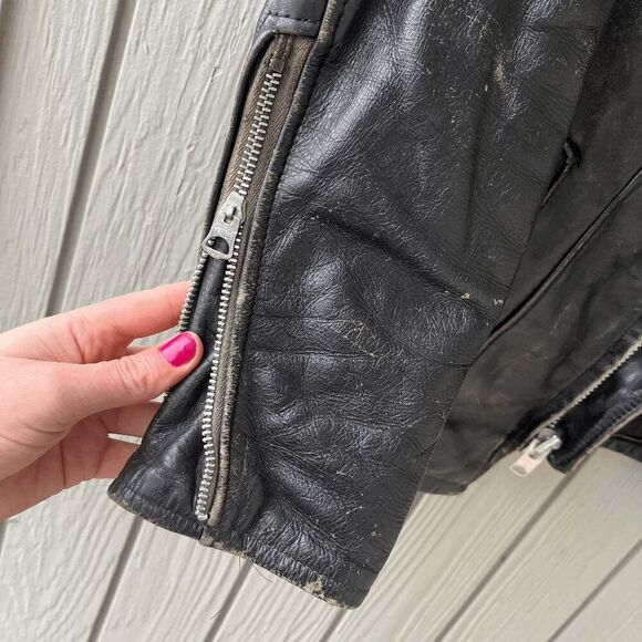 Vintage 50s Women's Black Leather Moto Jacket, S, SCHOTT Distressed - Picture 7 of 11